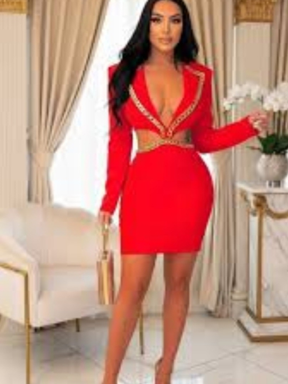 Red Deep V-Neck Chain-Trim  Dress